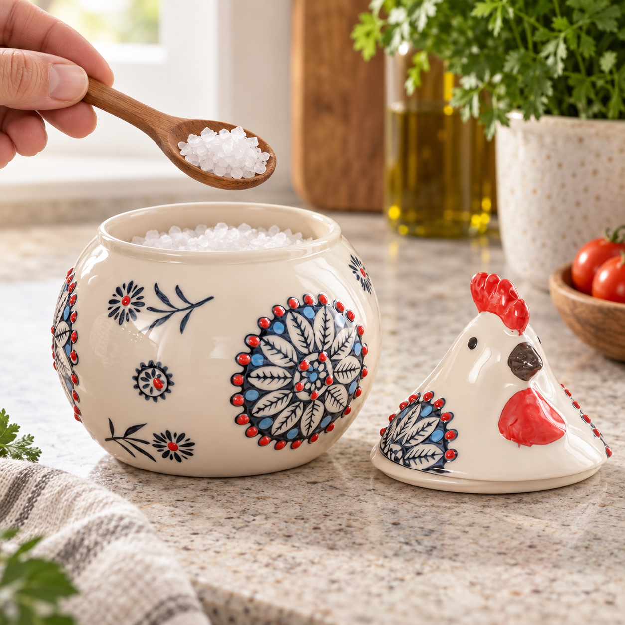Floral Hen Ceramic Seasoning Jar with Lid